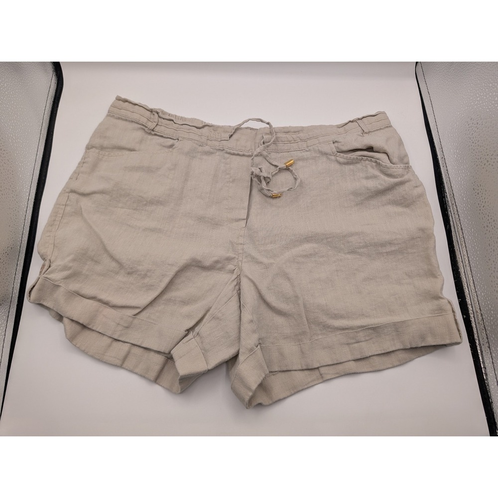 Ellen Tracy Womens Khaki Tan 100% Linen Drawstring Cuffed Shorts Size Medium